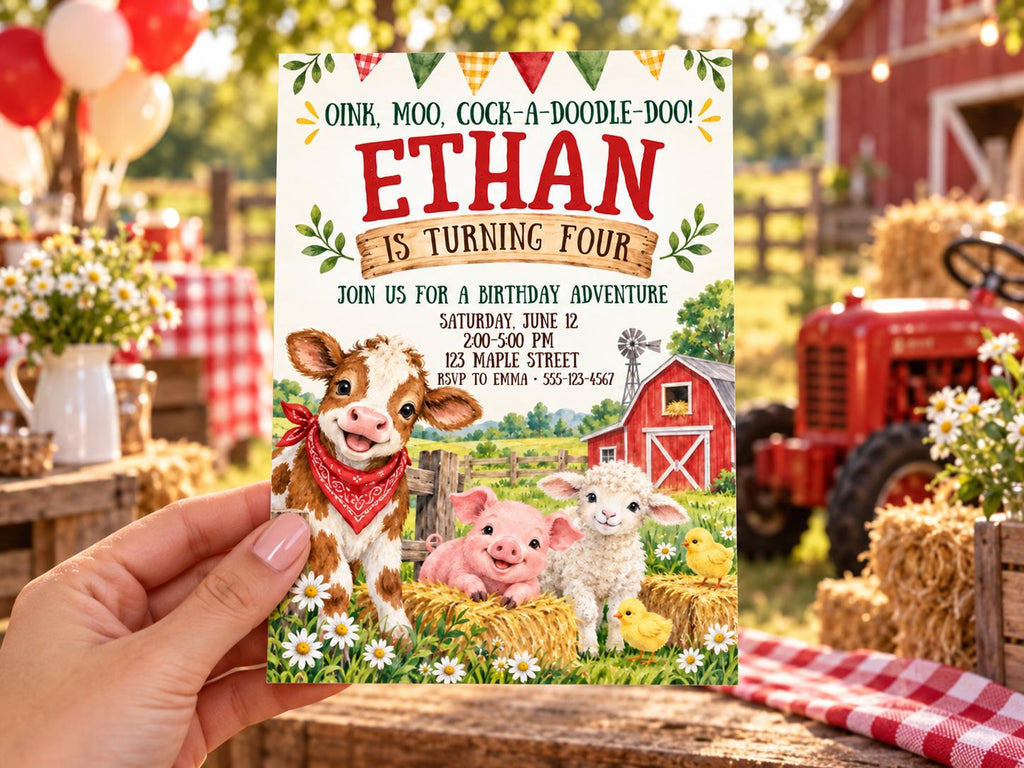a birthday invitation for a farm-themed party, with illustrations of a cow, pig, sheep, and duck. The invitation is held up against a backdrop of a red barn, hay bales, and a red tractor.