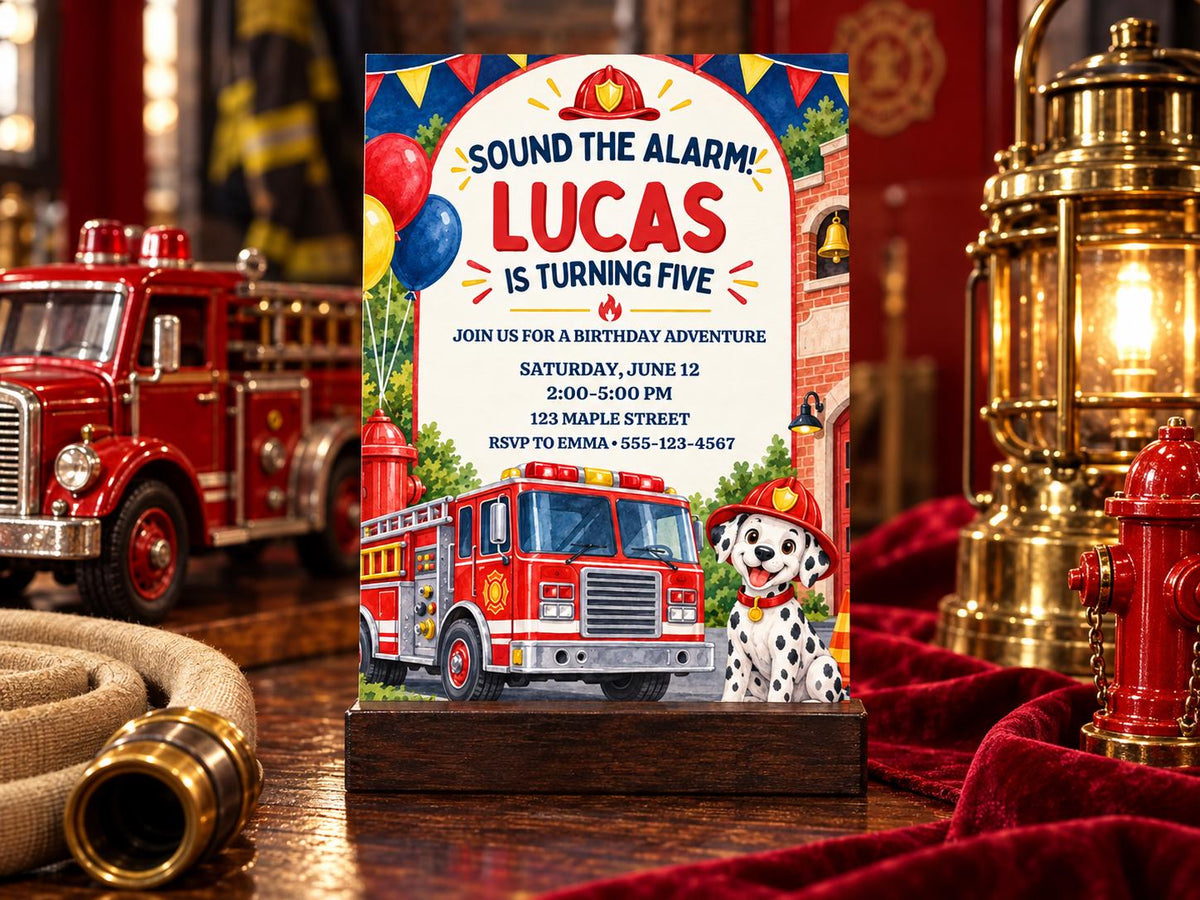 The image is a birthday invitation for a five-year-old named Lucas, who is turning five. The invitation features a fire truck and a Dalmatian dog, indicating a theme related to firefighting or fire-related activities.