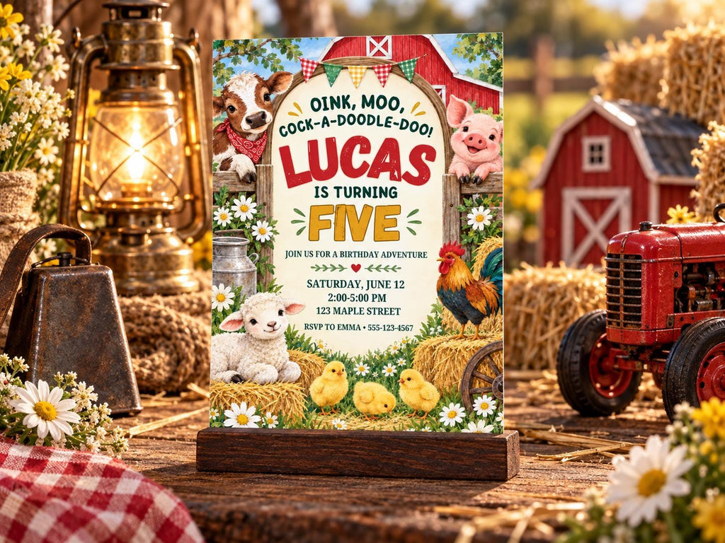 The image is a birthday invitation for a farm-themed party for a child named Lucas, who is turning five. The invitation features illustrations of farm animals, such as a pig, chicken, and cow, along with a barn and hay bales. The invitation also includes details about the birthday party, including the date, time, location, and RSVP information.