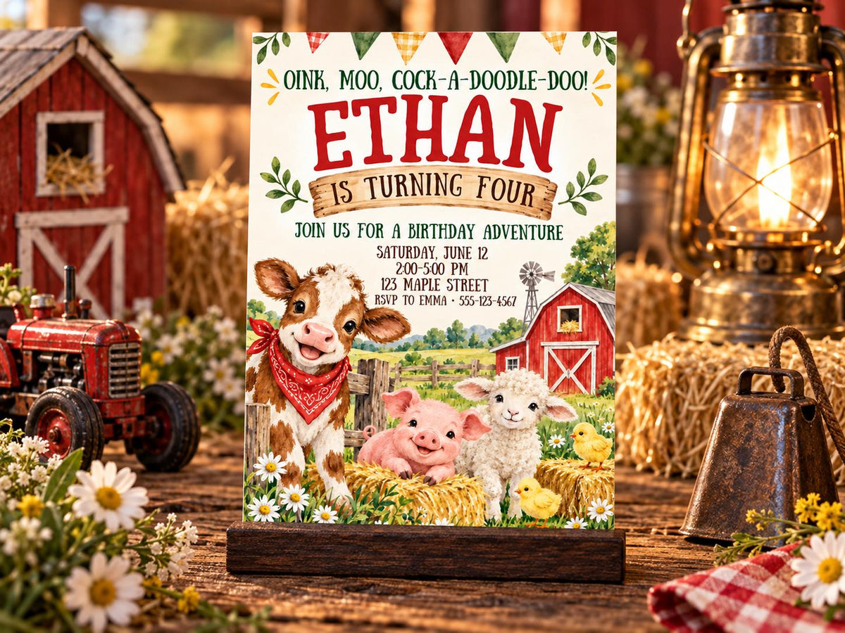 The image is a birthday invitation for a farm-themed party for a child named Ethan. The invitation features illustrations of farm animals such as a cow, pig, and sheep, along with a barn and other farm elements. The invitation is set against a rustic farm backdrop, with a red barn and tractor visible in the background.