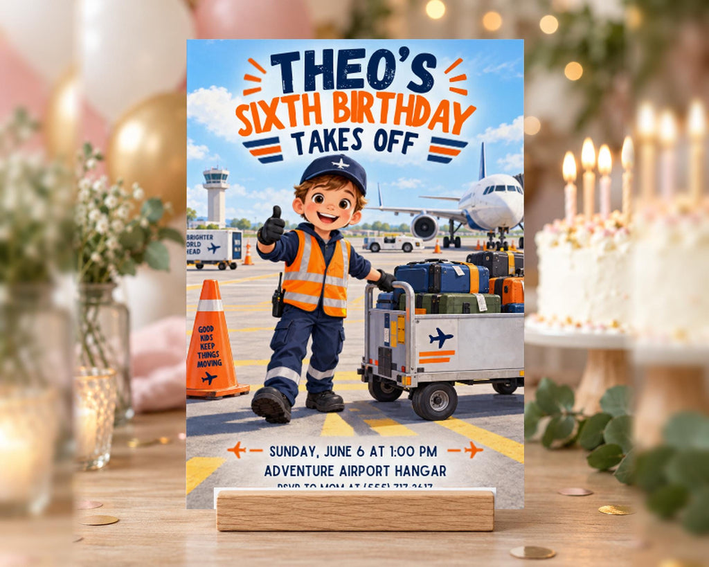 The image is a birthday party invitation featuring a cartoon character, likely a worker, standing on an airport tarmac with luggage and a plane in the background.