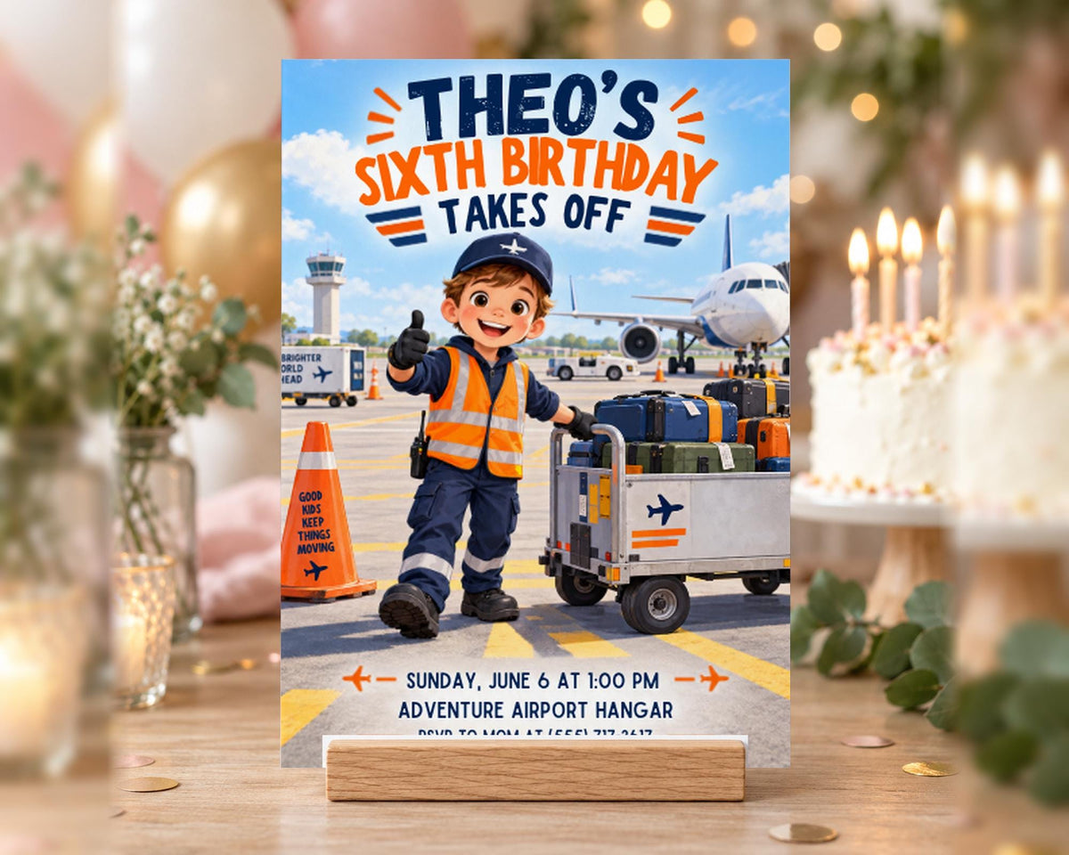 The image is a birthday party invitation featuring a cartoon character, likely a worker, standing on an airport tarmac with luggage and a plane in the background.