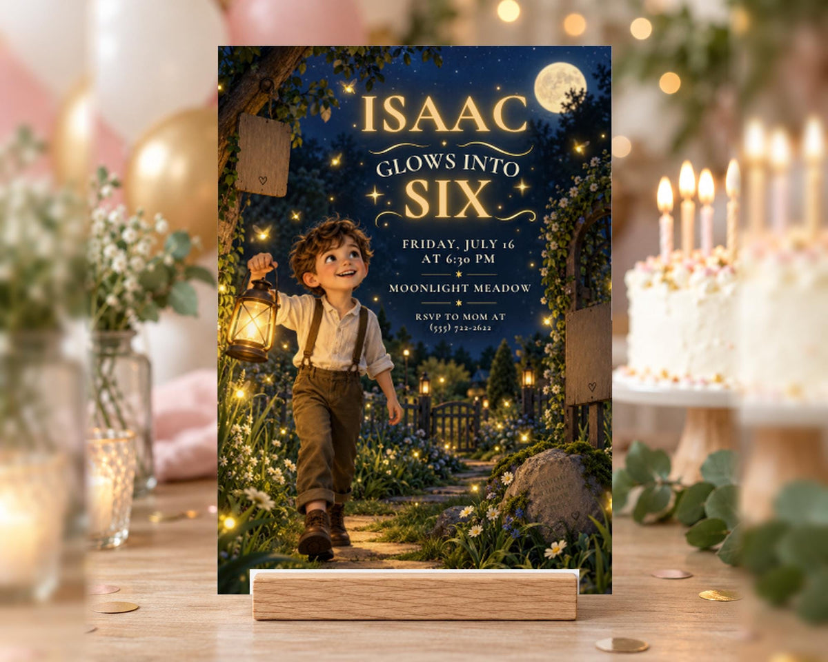 The image is a birthday invitation featuring a cartoon character, specifically Isaac, who is glowing into six. The invitation is set against a night sky background with twinkling lights, and it includes details about the event, such as the date, time, location, and a request to keep the guest of honor at home.