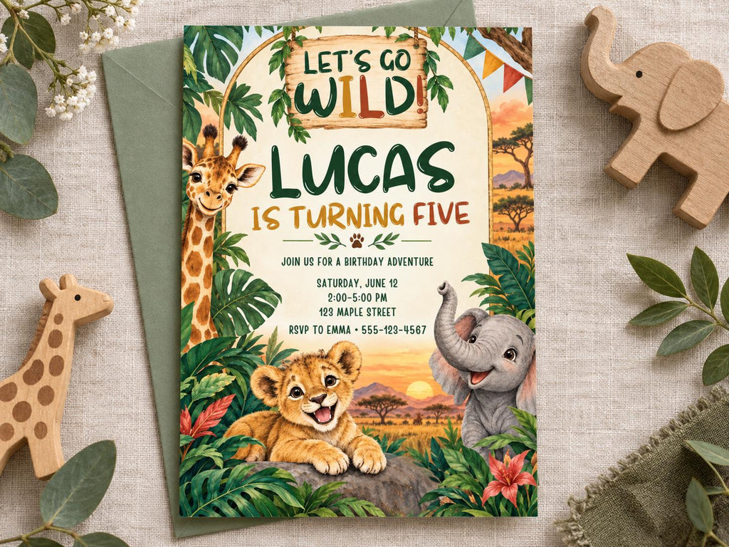 The image is a birthday invitation for Lucas, who is turning five, featuring illustrations of a giraffe, lion, and elephant, along with the text "Let's go wild! Lucas is turning five" and "Join us for a birthday adventure Saturday, June 12, 9:00-5:00 PM, 123 Maple Street, RSVP TO EMMA - 555-283-567".