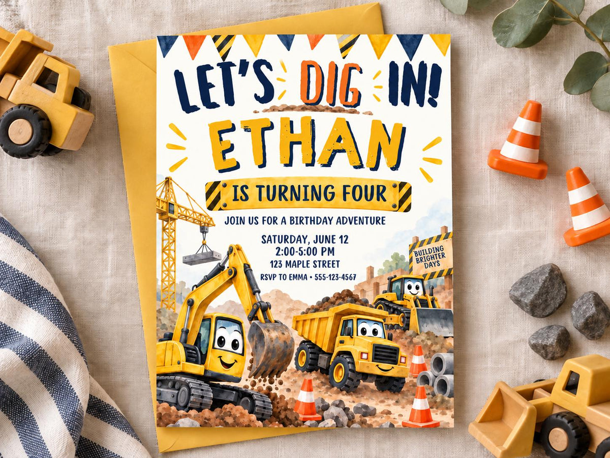 The image is a birthday invitation for a boy named Ethan, featuring a construction theme with toy trucks and construction equipment.