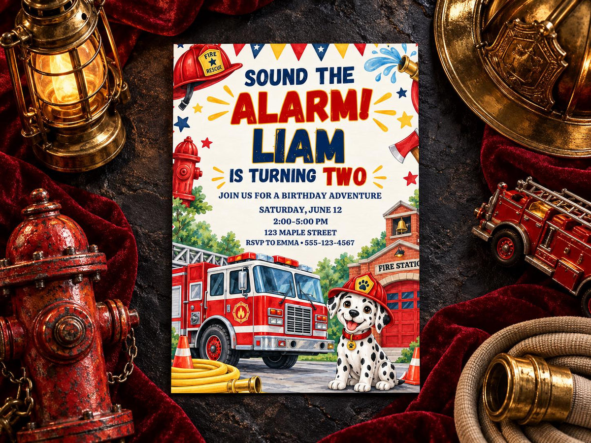 The image is a birthday invitation for a child named Liam, who is turning two years old. The invitation features illustrations of a fire truck and a Dalmatian dog, along with the text "Sound the alarm! Liam is turning two" and "Join us for a birthday adventure".
