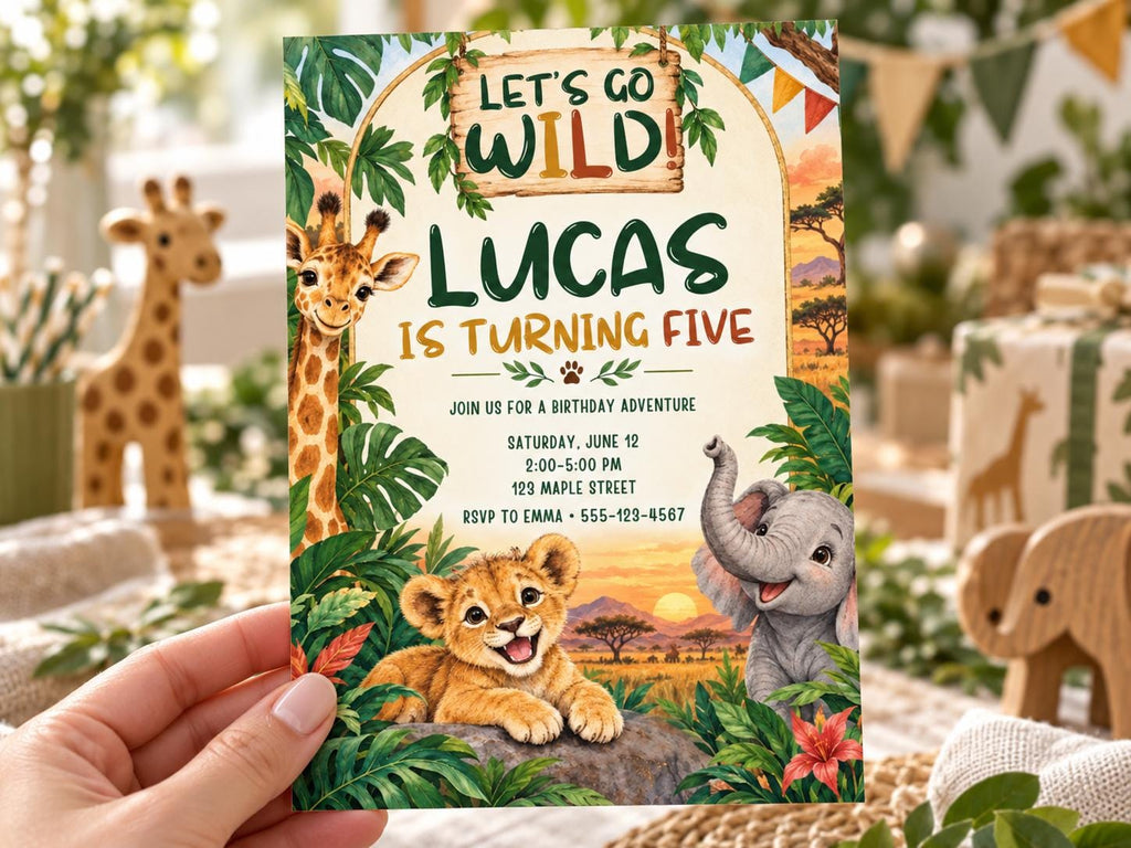 The image is a birthday invitation for a child named Lucas, who is turning five years old. The invitation features illustrations of various animals, including a giraffe, lion, and elephant, along with the text "Let's go wild" and "Lucas is turning five".
