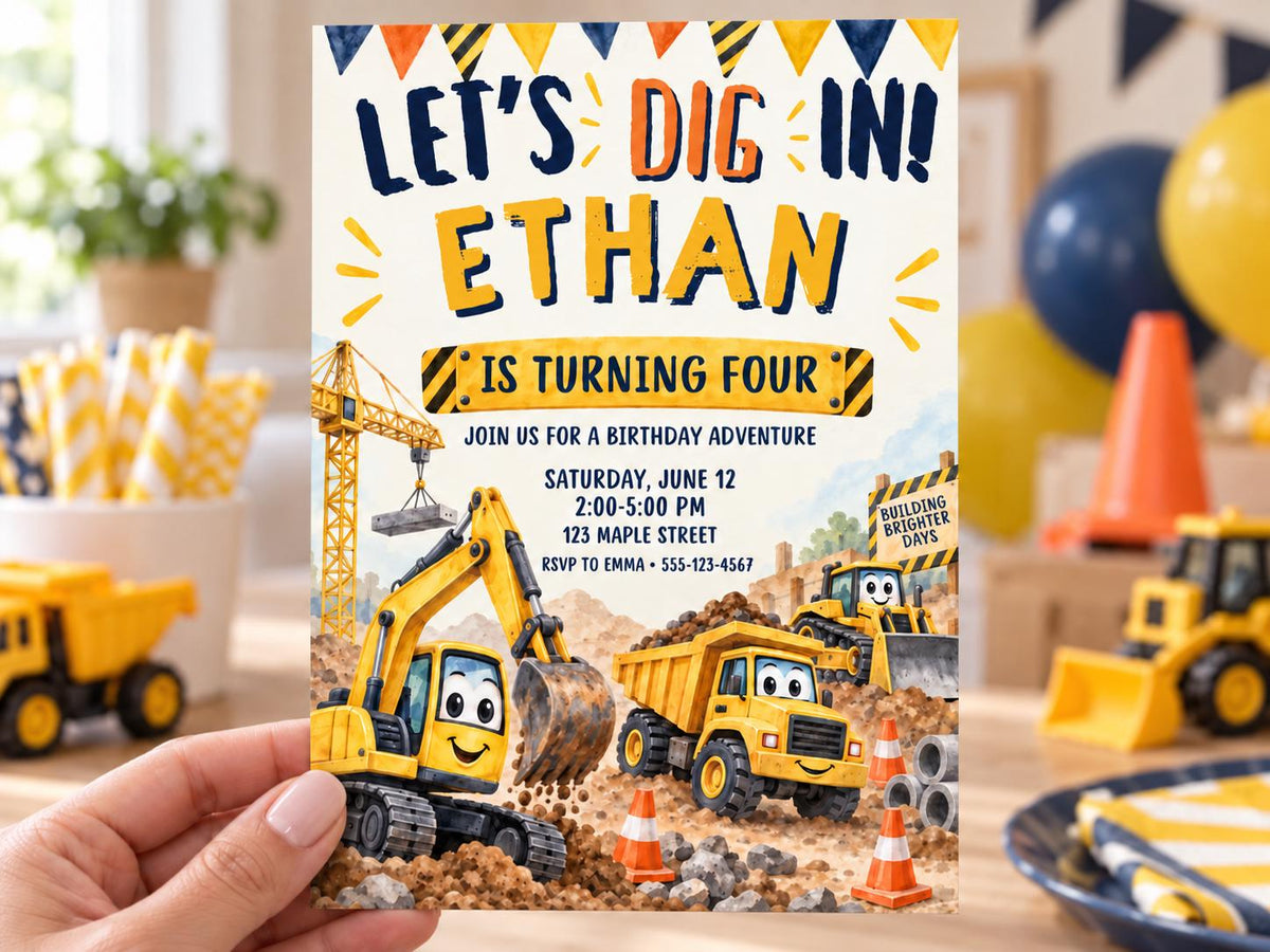 The image is a birthday invitation for a child named Ethan, featuring construction vehicles and a construction site theme.