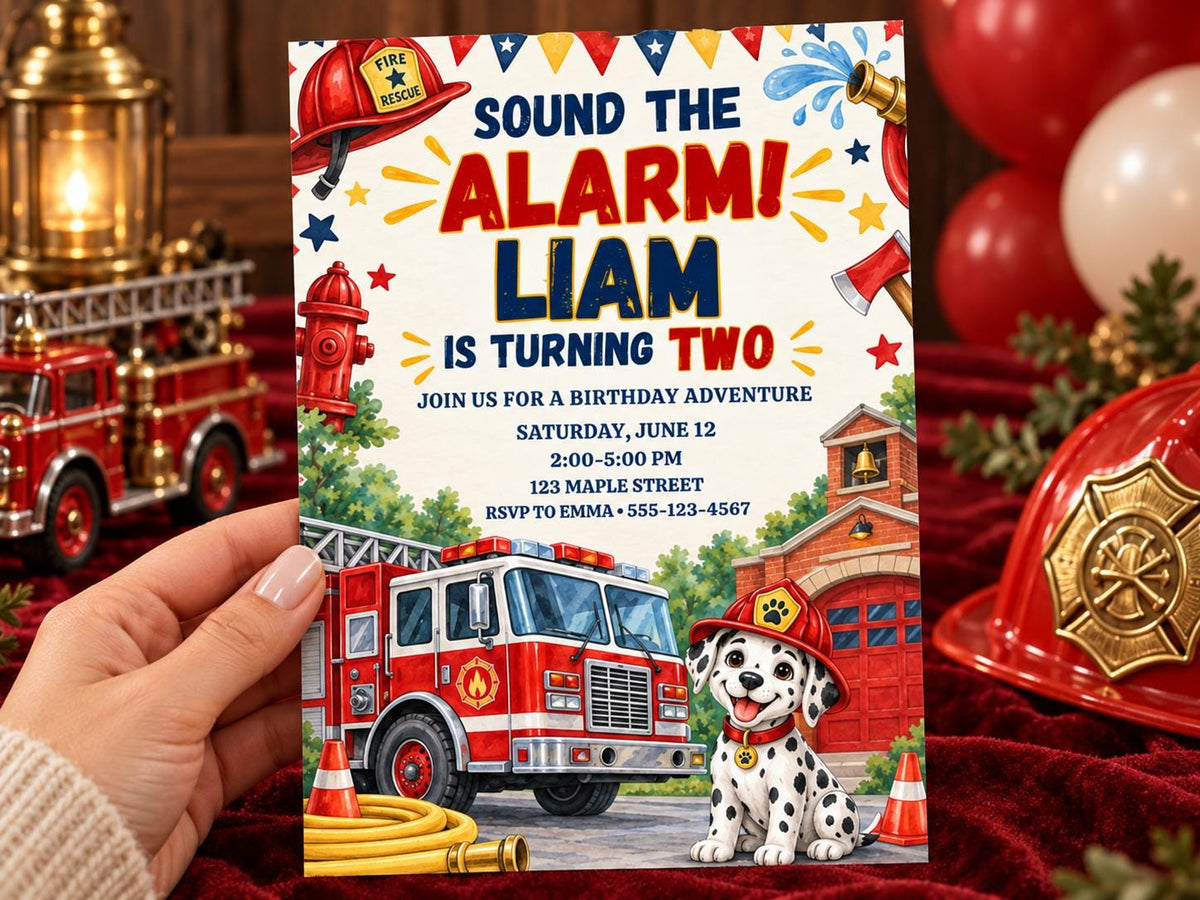The image is a birthday invitation for a child named Liam, who is turning two years old. The invitation features illustrations of a fire truck and a Dalmatian dog, along with the text "Sound the alarm! Liam is turning two" and "Join us for a birthday adventure Saturday, June 12 2:00-5:00 PM 123 Maple Street RSVP to Emmaa - 555-123-4567".