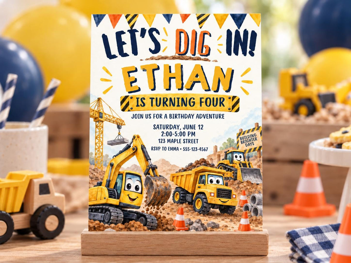 The image is a birthday invitation for a Dig-In party for a child named Ethan, featuring cartoon construction vehicles and a construction site theme.
