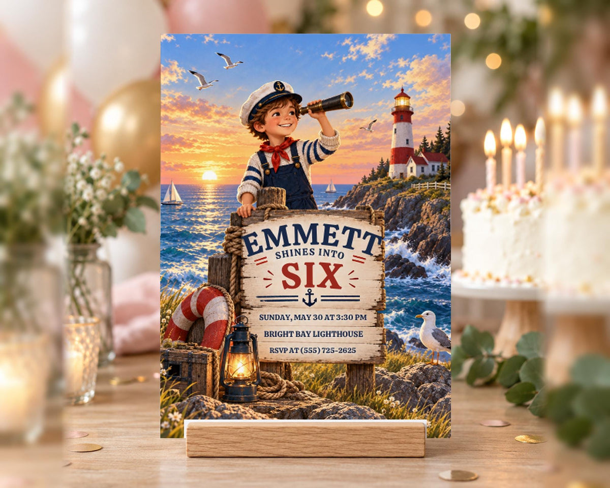 The image is a birthday invitation featuring a nautical theme with a young boy wearing a sailor hat and holding a telescope, standing on a lighthouse. The invitation is for a birthday party at Bright Bay Lighthouse.