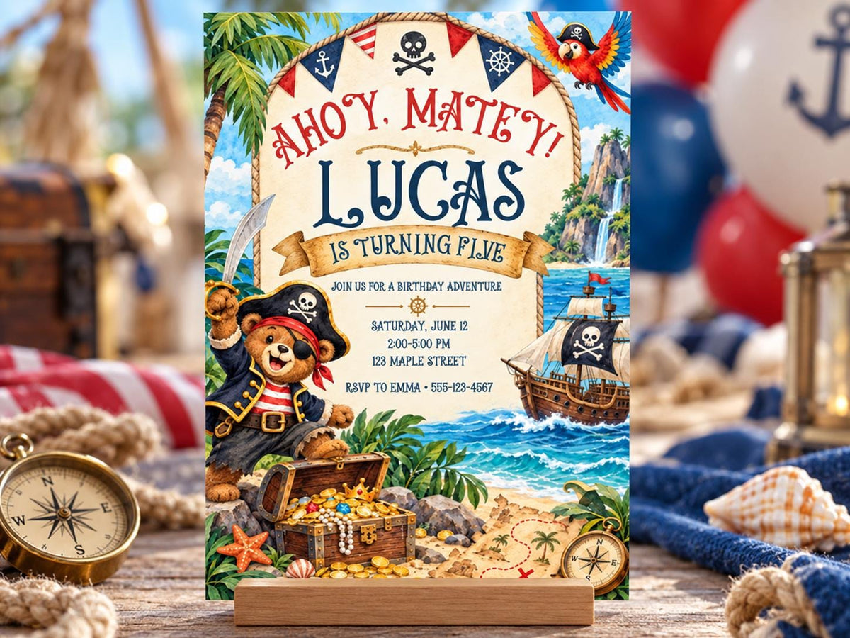 A birthday party invitation featuring a pirate theme, with a teddy bear dressed as a pirate and a treasure chest on a beach.
