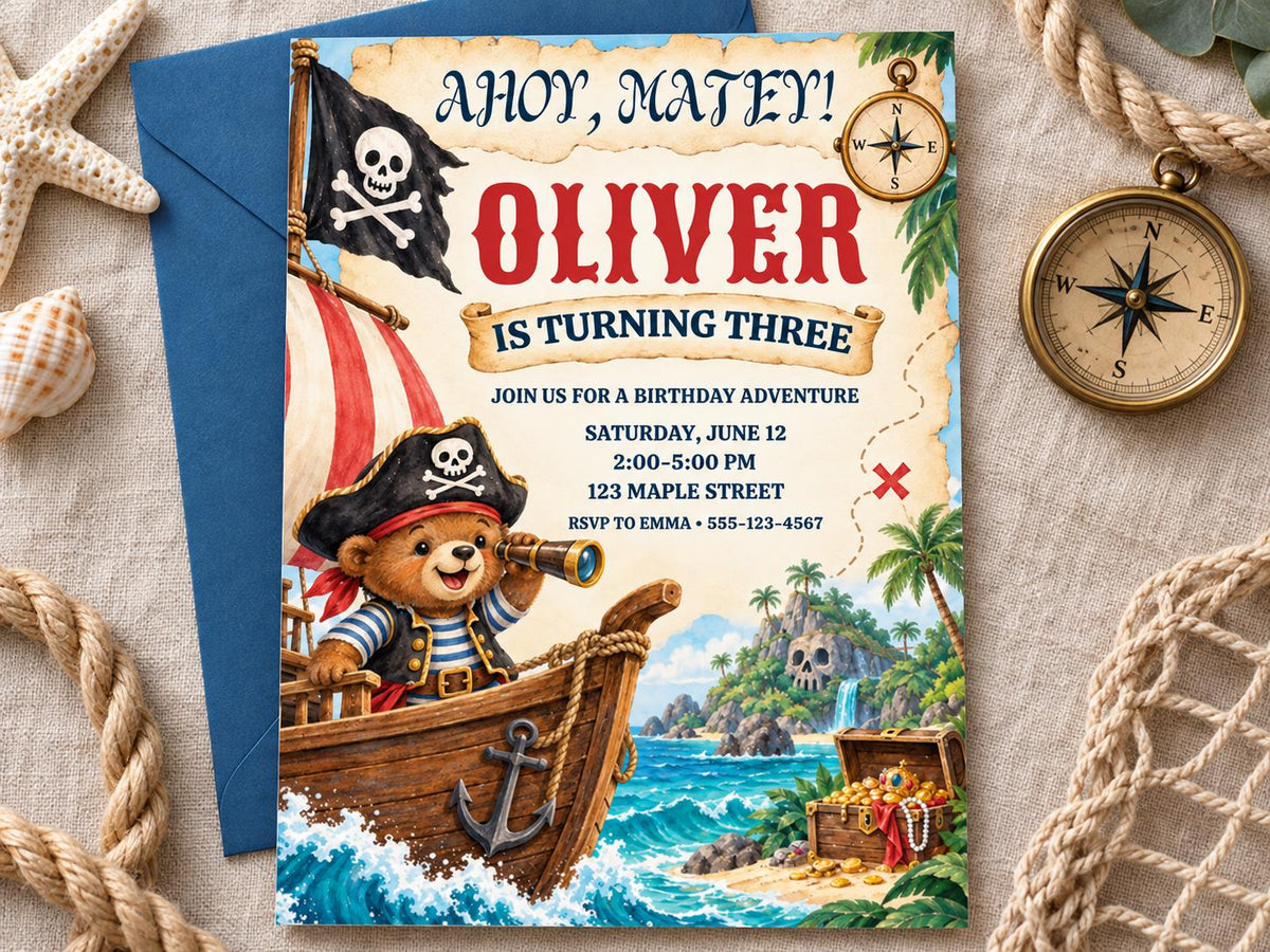 The image is a birthday invitation for a boy named Oliver, featuring a pirate theme with a teddy bear dressed in pirate attire and a pirate ship.
