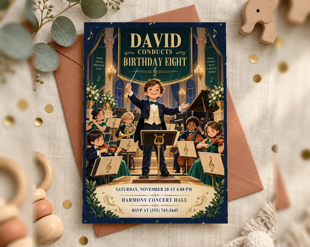 The image is a birthday invitation for David, who is a conductor, with a musical theme. The invitation features a young boy dressed as a conductor, surrounded by musicians playing various instruments. The event is scheduled for Saturday, November 20 at 4:00 PM at the Harmony Concert Hall, and guests are invited to the party at (555) 745-2445.
