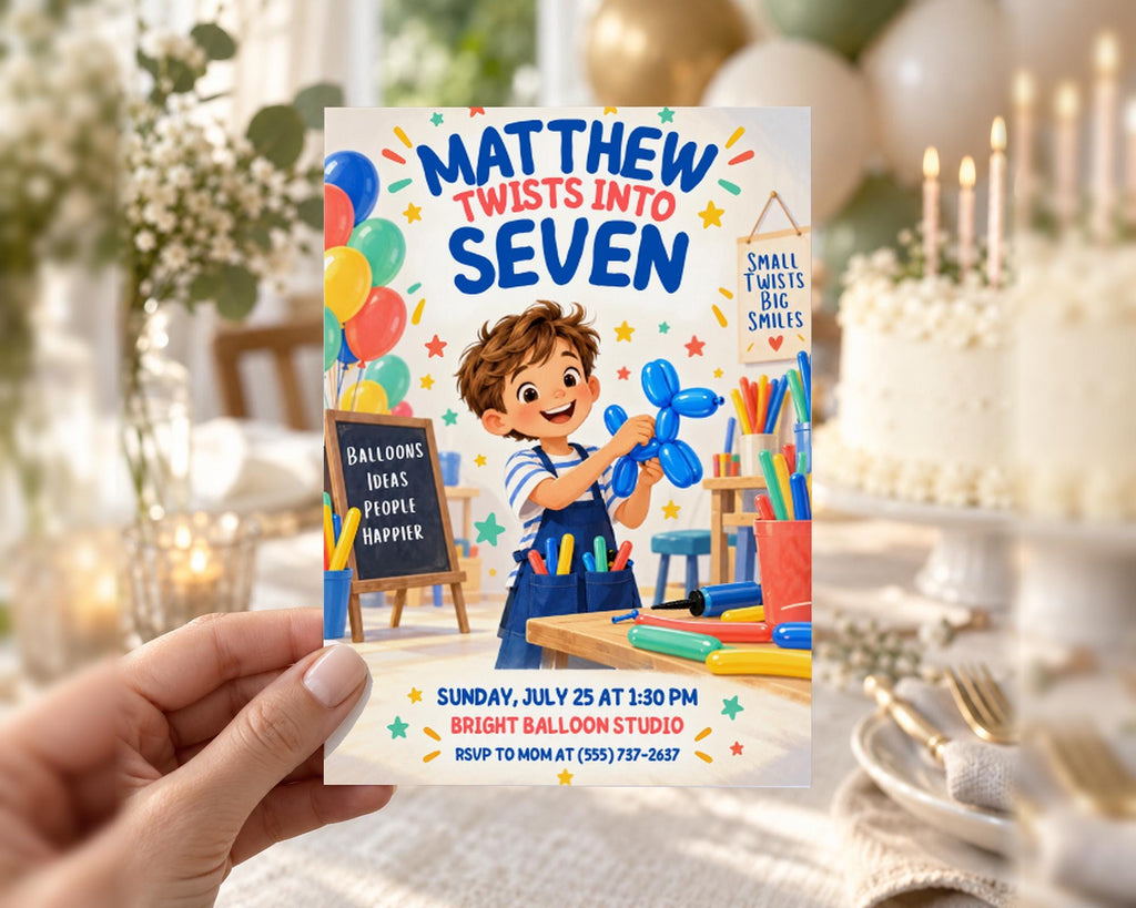 A hand holding a colorful birthday invitation card with a cartoon image of a young boy playing with balloons and a sign that says "Matthew Twist into Seven".