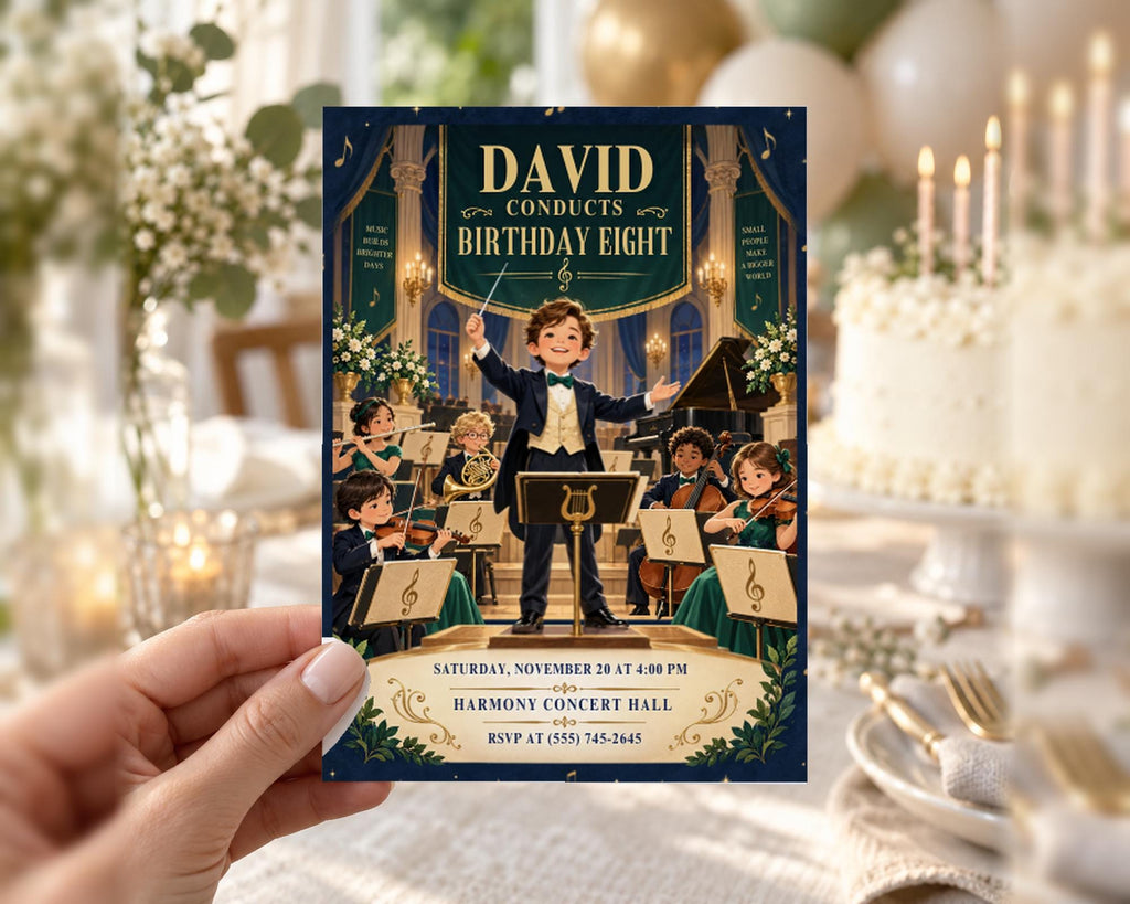 The image is a birthday invitation for a young boy named David, who is conducting a concert. The invitation is held up against a backdrop of a piano, sheet music, and a cake, suggesting a festive and musical atmosphere.