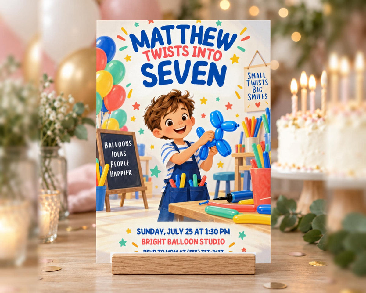 A colorful birthday party invitation featuring a young boy holding a balloon, with balloons, a cake, and a sign for a balloon workshop in the background.