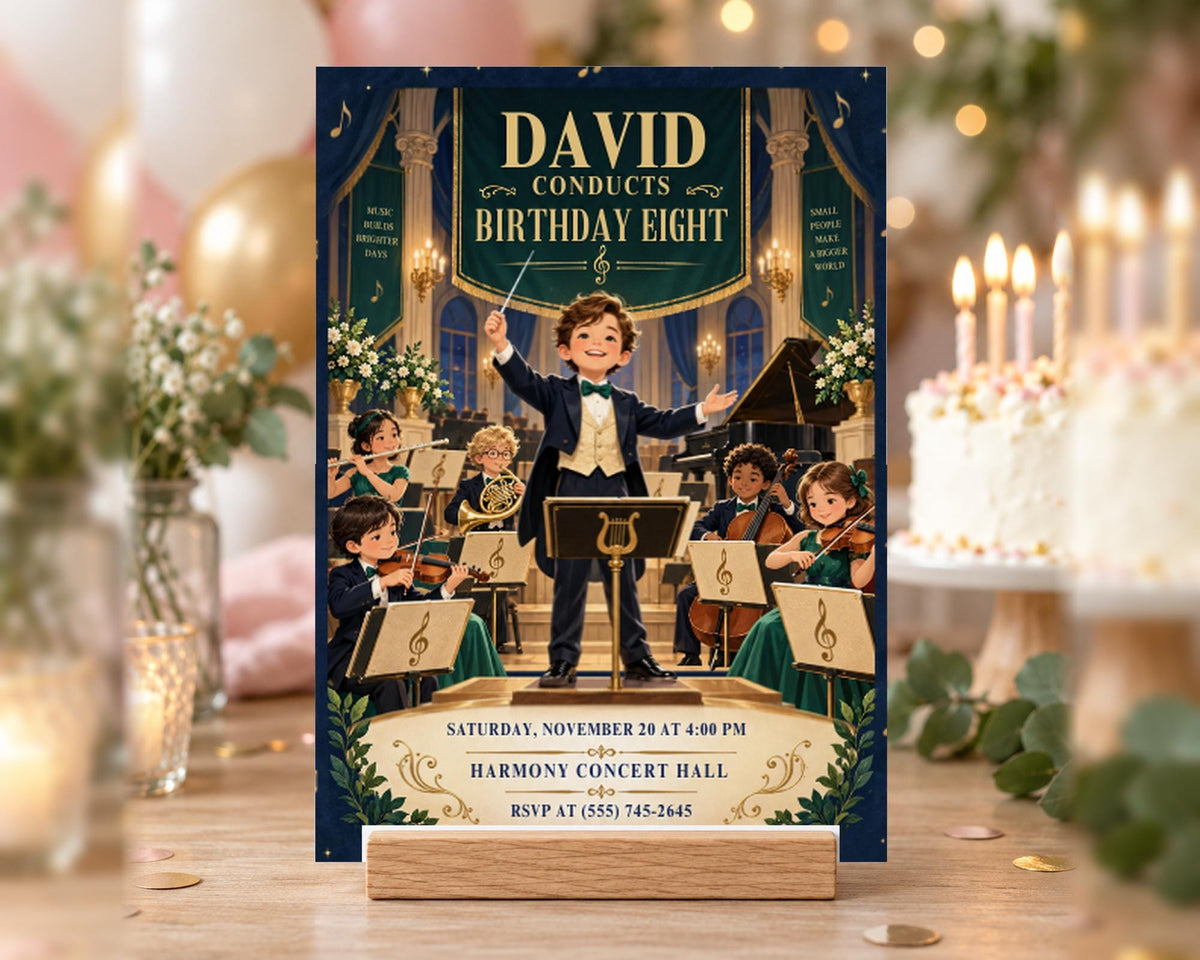 The image is a birthday invitation for David, who is conducting a concert. The invitation features a young boy playing the piano and surrounded by other musicians, with a grand piano and orchestra in the background. The event is scheduled for Saturday, November 20th at 4:00 PM at the Harmony Concert Hall, and the invitation is RSVPed at (615) 745-2465.