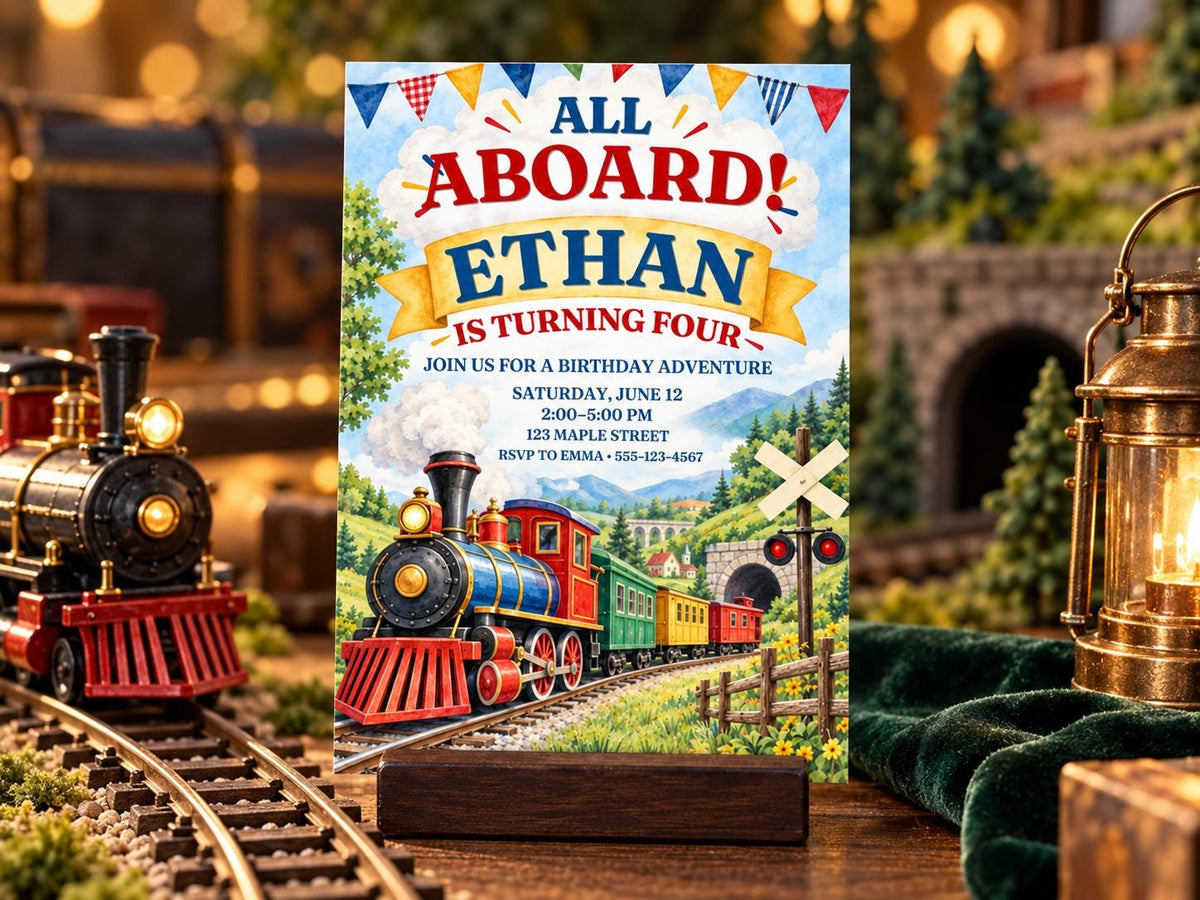 The image is a birthday invitation for a train-themed party, featuring a colorful illustration of a train on a track with a birthday banner and flags.