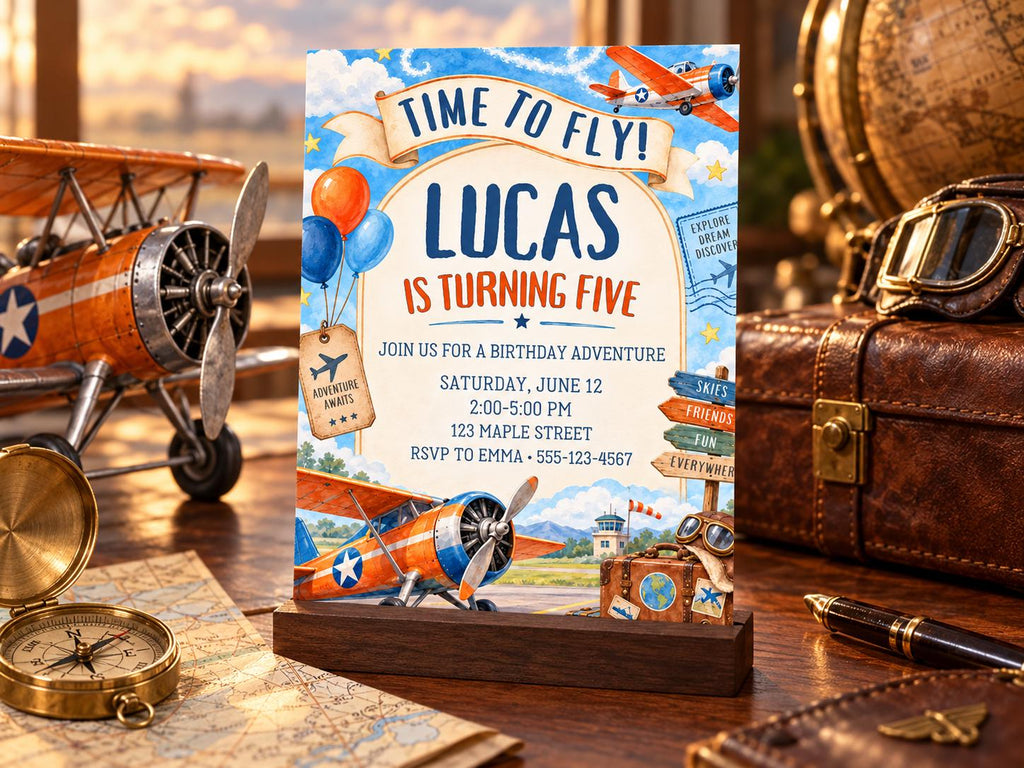The image is a birthday invitation for a boy named Lucas, who is turning five years old. The invitation features an airplane and other aviation-themed elements, along with details about the birthday party.