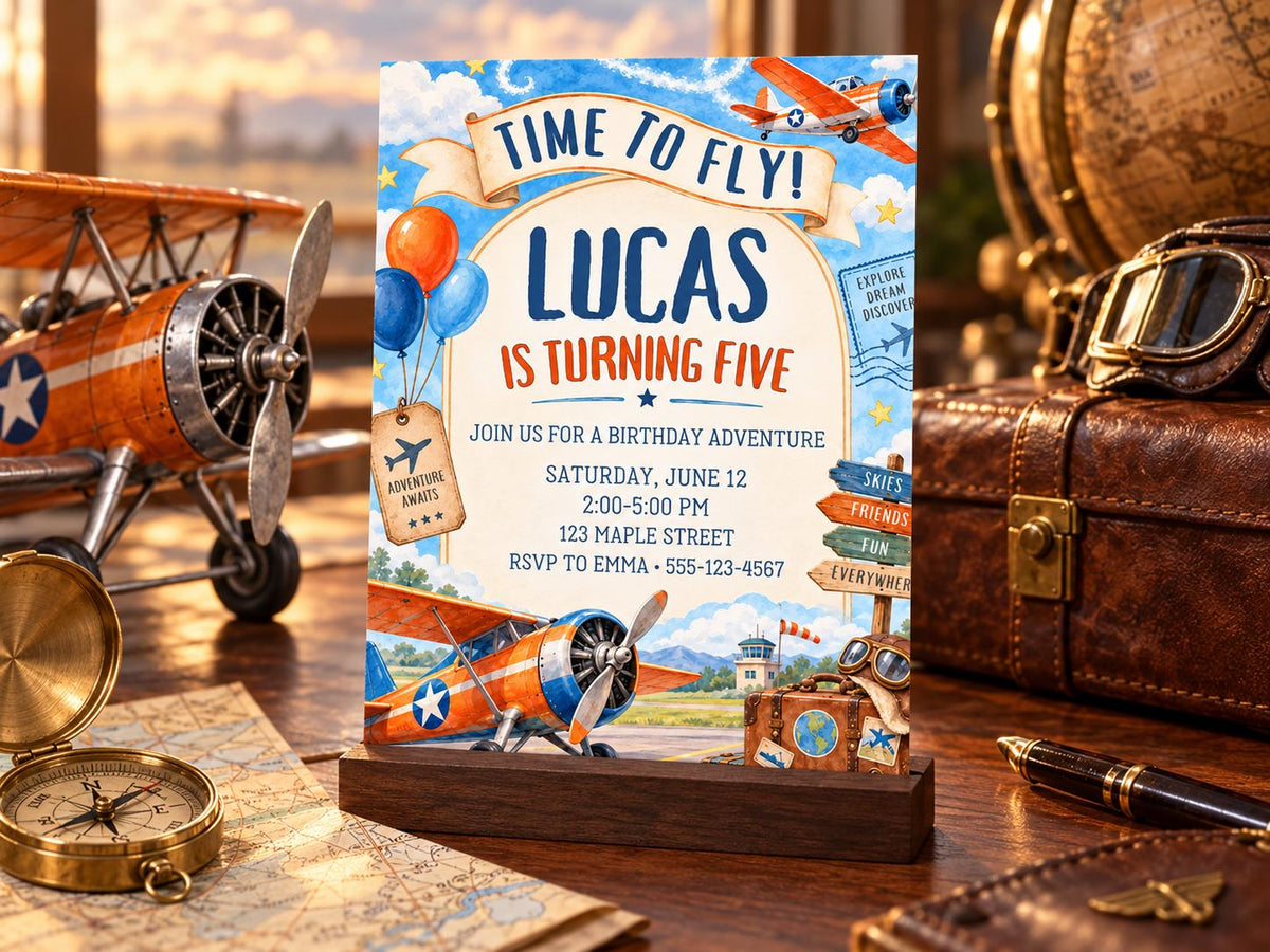 The image is a birthday invitation for a boy named Lucas, who is turning five years old. The invitation features an airplane and other aviation-themed elements, along with details about the birthday party.