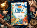 The image is a birthday invitation for a child named Ethan, featuring illustrations of sea creatures such as a turtle, an octopus, and a whale, along with the text "Under the sea! Ethan is turning four" and "Join us for a birthday adventure".