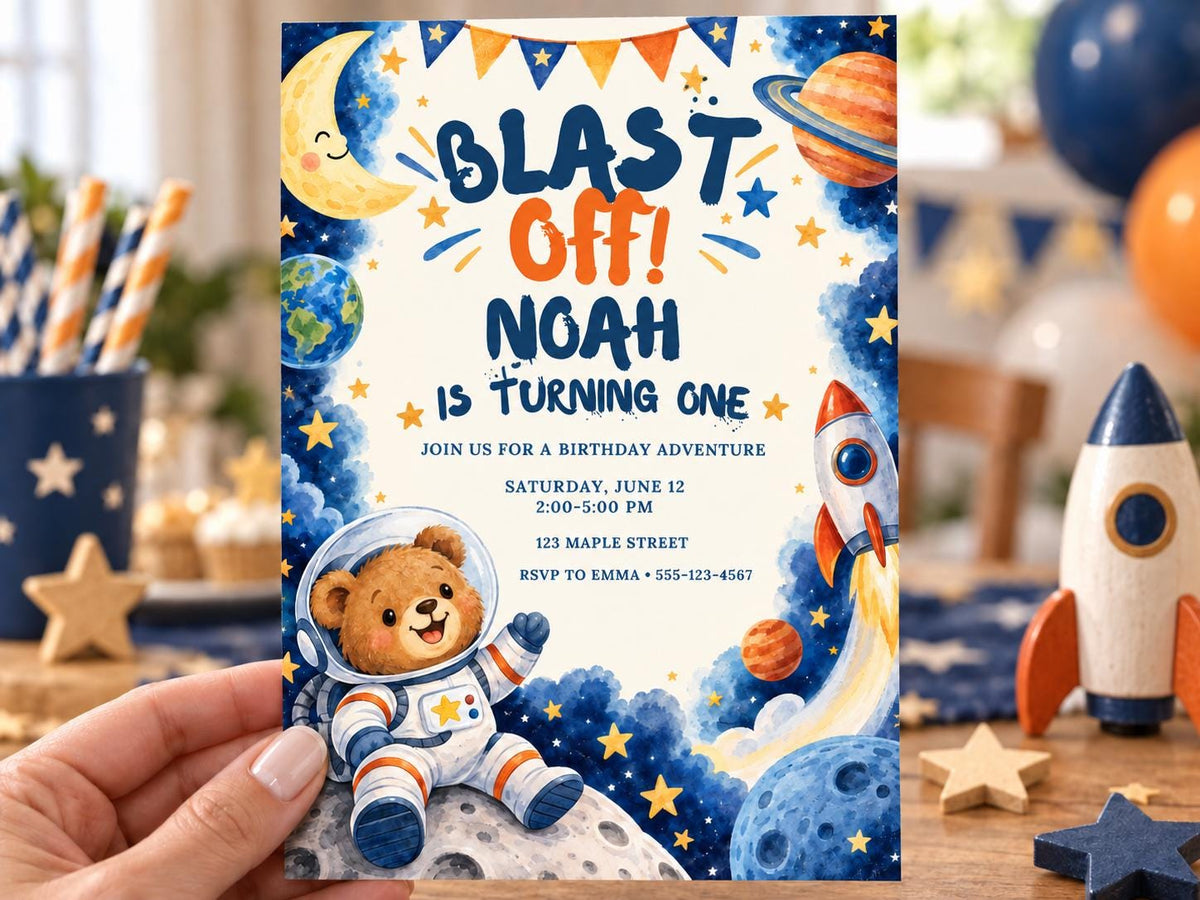 The image is a birthday invitation for a child named Noah, who is turning one. The invitation features a space theme with a teddy bear astronaut, planets, and a rocket ship.