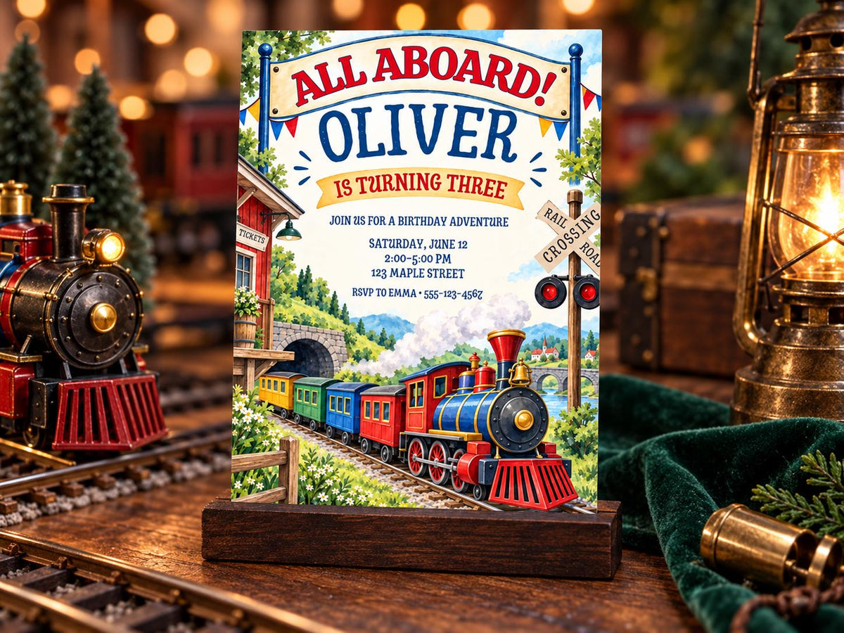 The image is a birthday invitation for a boy named Oliver, who is turning three years old. The invitation features a colorful illustration of a train on a track, with the text "All Aboard! Oliver is Turning Three" prominently displayed.