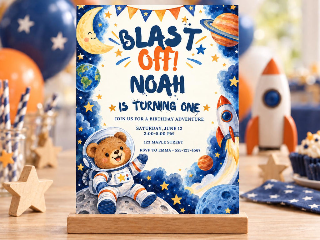 The image is a birthday invitation for a child named Noah, featuring a teddy bear astronaut and a rocket ship, with a space theme.