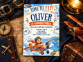 The image is a birthday invitation for a boy named Oliver, who is turning three years old. The invitation features a vintage airplane theme, with a boy riding in the airplane and the text "Time to fly! Oliver is turning three" prominently displayed.