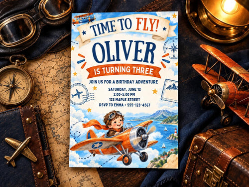 The image is a birthday invitation for a boy named Oliver, who is turning three years old. The invitation features a vintage airplane theme, with a boy riding in the airplane and the text "Time to fly! Oliver is turning three" prominently displayed.