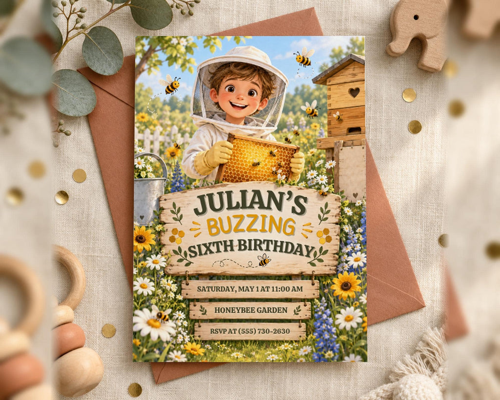 The image is a birthday invitation for a child named Julian, featuring a cartoon beekeeper character surrounded by flowers and honeybees.
