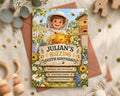 The image is a birthday invitation for a child named Julian, featuring a cartoon beekeeper character surrounded by flowers and honeybees.