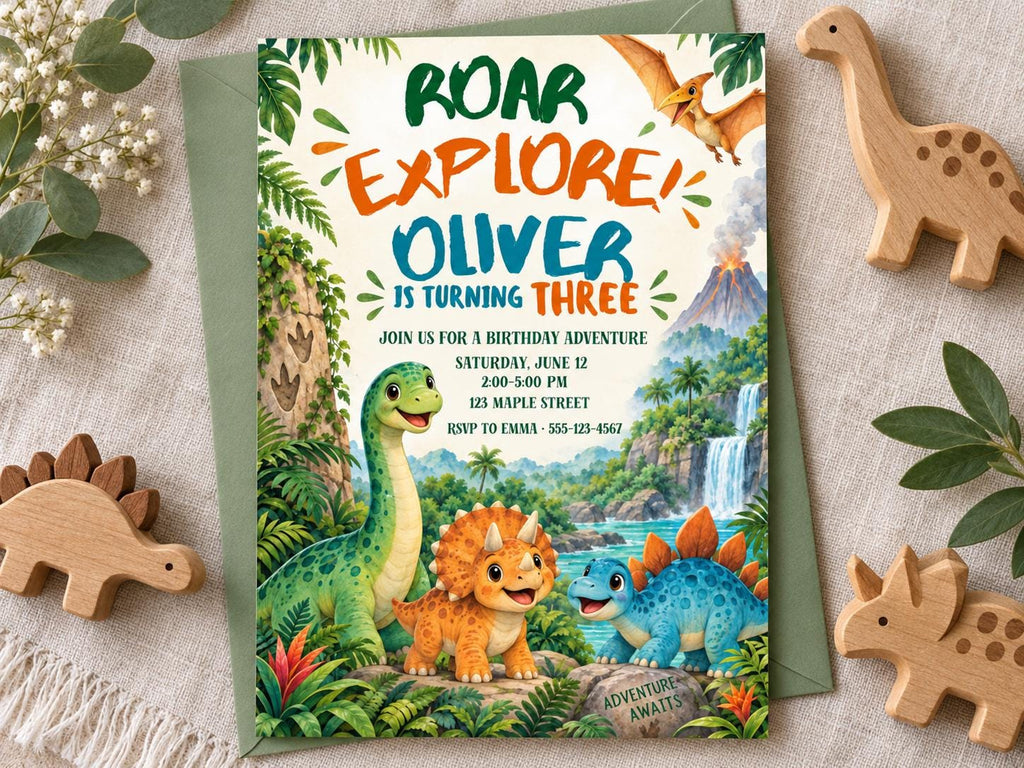 The image is a birthday invitation for a child named Oliver, who is turning three years old. The invitation features illustrations of three dinosaurs, including a triceratops, a stegosaurus, and a T-Rex, set against a jungle backdrop. The invitation also includes details about the birthday party, such as the date, time, location, and RSVP information.