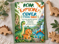 The image is a birthday invitation for a child named Oliver, who is turning three years old. The invitation features illustrations of three dinosaurs, including a triceratops, a stegosaurus, and a T-Rex, set against a jungle backdrop. The invitation also includes details about the birthday party, such as the date, time, location, and RSVP information.