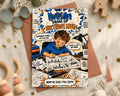 The image is a birthday invitation featuring a young boy drawing on a piece of paper, surrounded by various art supplies and decorations.