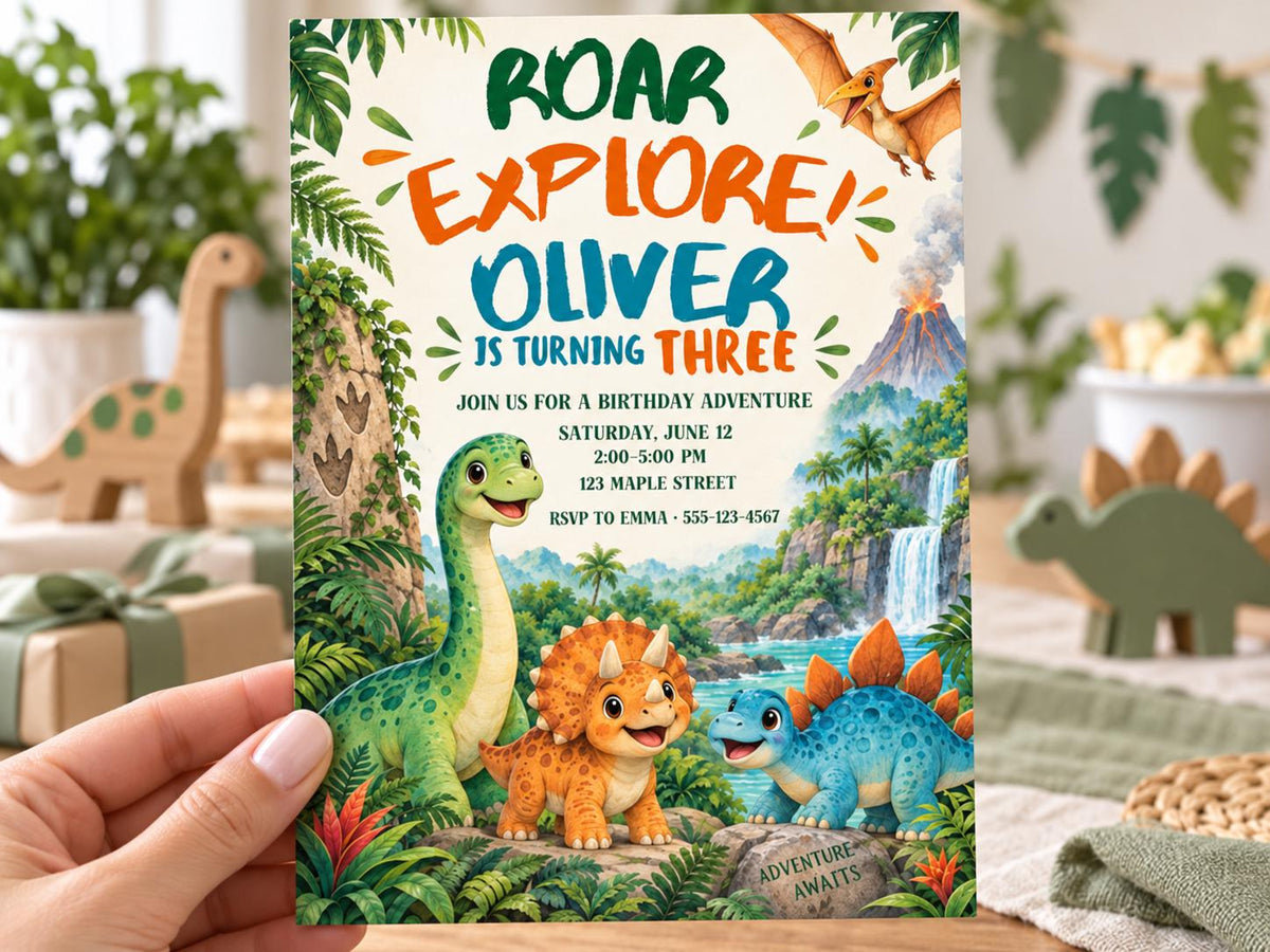The image is a birthday invitation for a child named Oliver, who is turning three years old. The invitation features illustrations of various dinosaurs and a jungle setting, along with the text "Roar! Explore! Oliver is turning three".