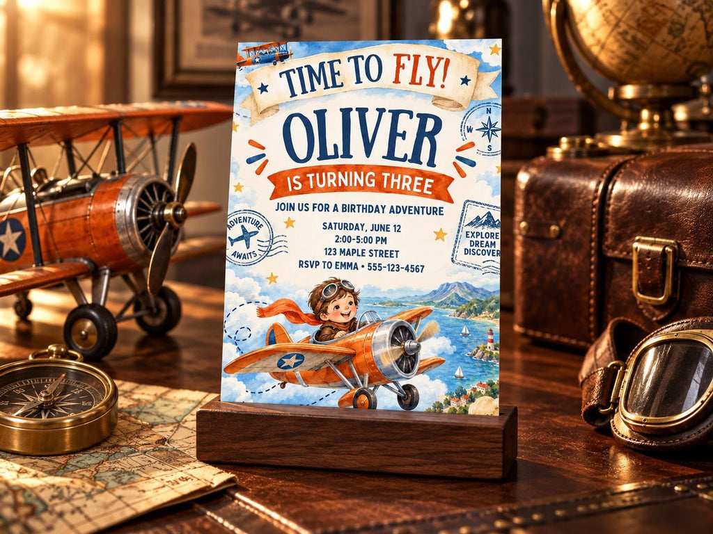 a birthday invitation for a boy named Oliver, who is turning three. The invitation includes a picture of a boy in a plane and the text "Time to fly! Oliver is turning three". The invitation is displayed on a wooden stand, surrounded by various aviation-themed items such as a model airplane, a compass, and a suitcase.