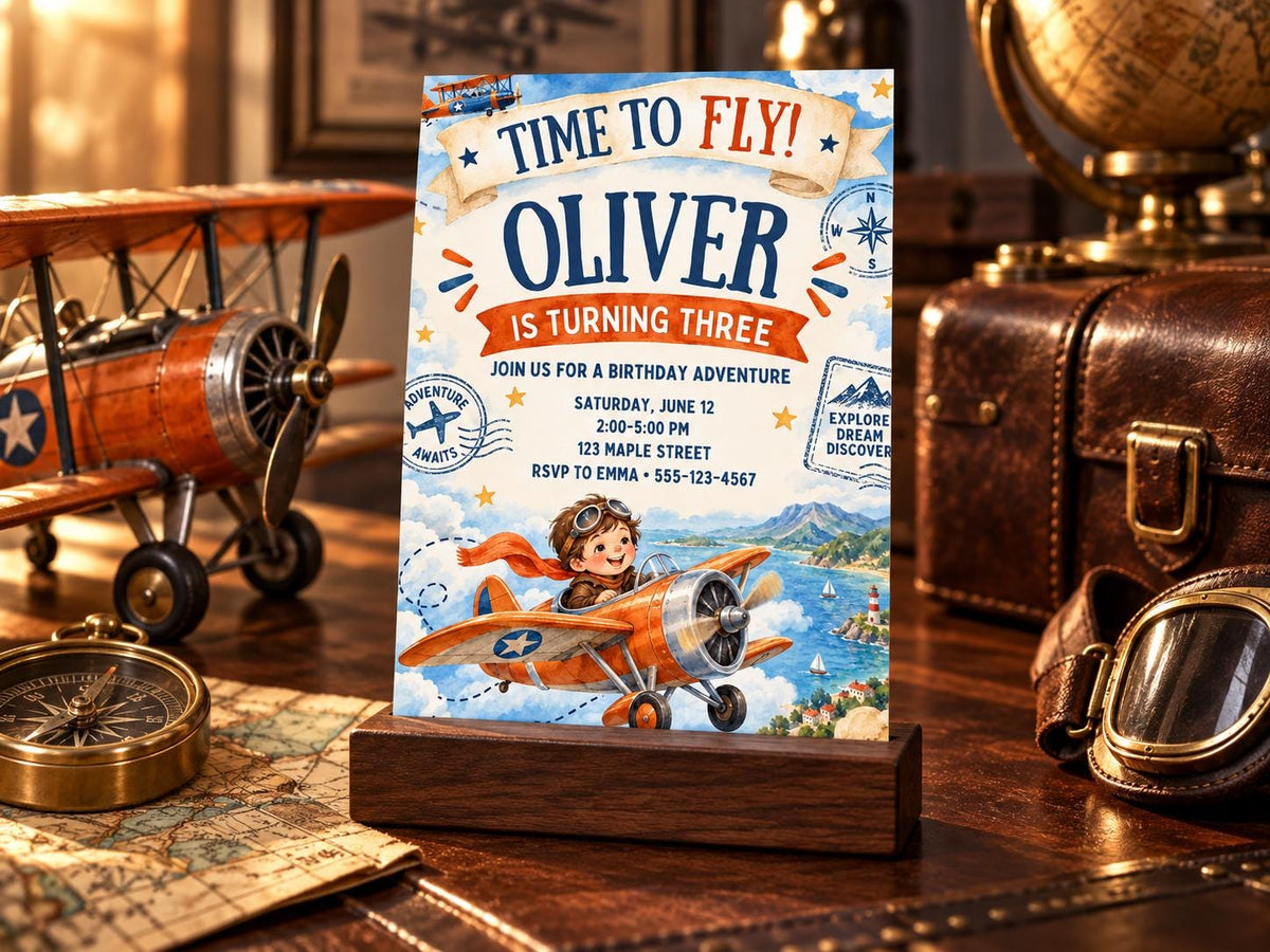 a birthday invitation for a boy named Oliver, who is turning three. The invitation includes a picture of a boy in a plane and the text "Time to fly! Oliver is turning three". The invitation is displayed on a wooden stand, surrounded by various aviation-themed items such as a model airplane, a compass, and a suitcase.