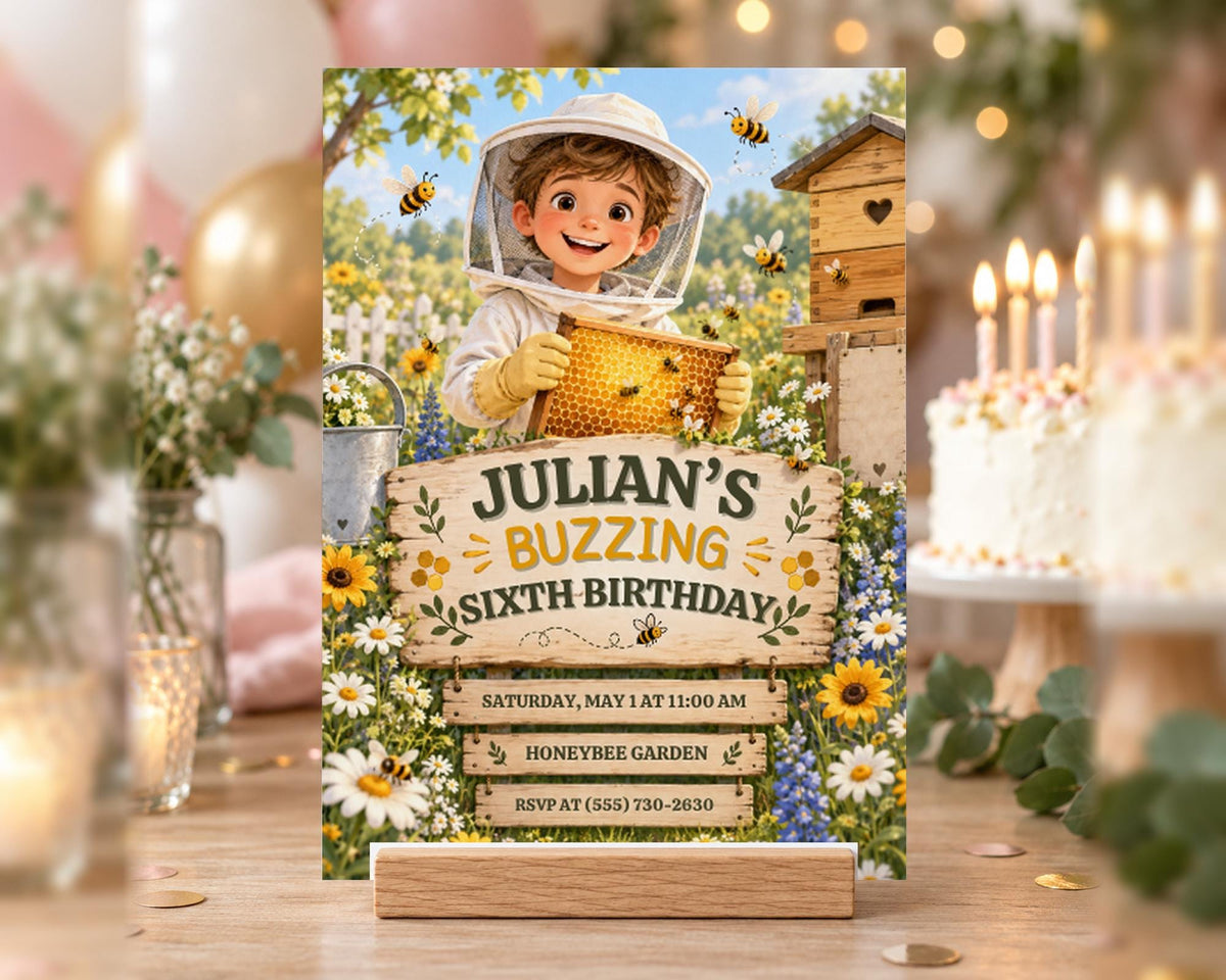 The image is a birthday invitation for a six-year-old named Julian, featuring a beekeeper theme. The invitation includes details about the birthday party, such as the date, time, and location, as well as the RSVP information.