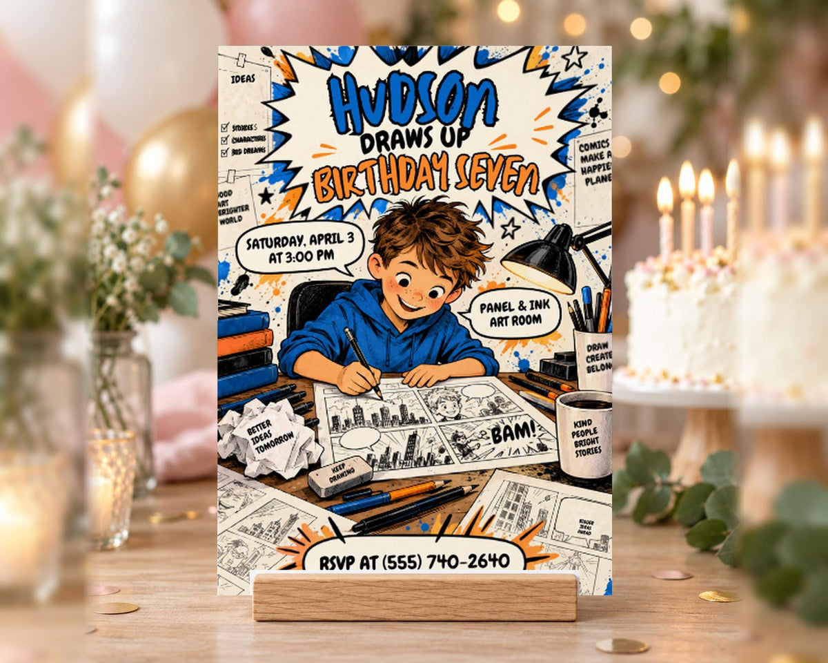 The image is a birthday party invitation featuring a young boy drawing a comic book-style illustration of himself. The background includes a birthday cake, balloons, and other party decorations.