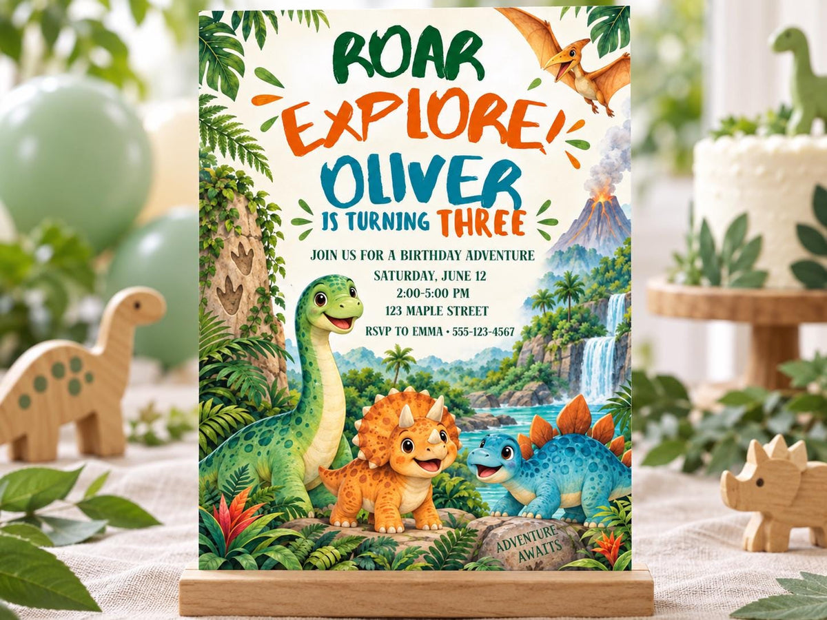 The image is a birthday invitation for a child named Oliver, who is turning three years old. The invitation features illustrations of various dinosaurs and jungle animals, along with the text "Roar! Explore! Oliver is turning three". The invitation is set against a backdrop of a jungle scene, with a cake and other decorations visible in the background.