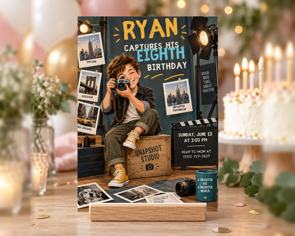 The image is a birthday party invitation featuring a young boy sitting on a box, holding a camera and surrounded by various photographs.