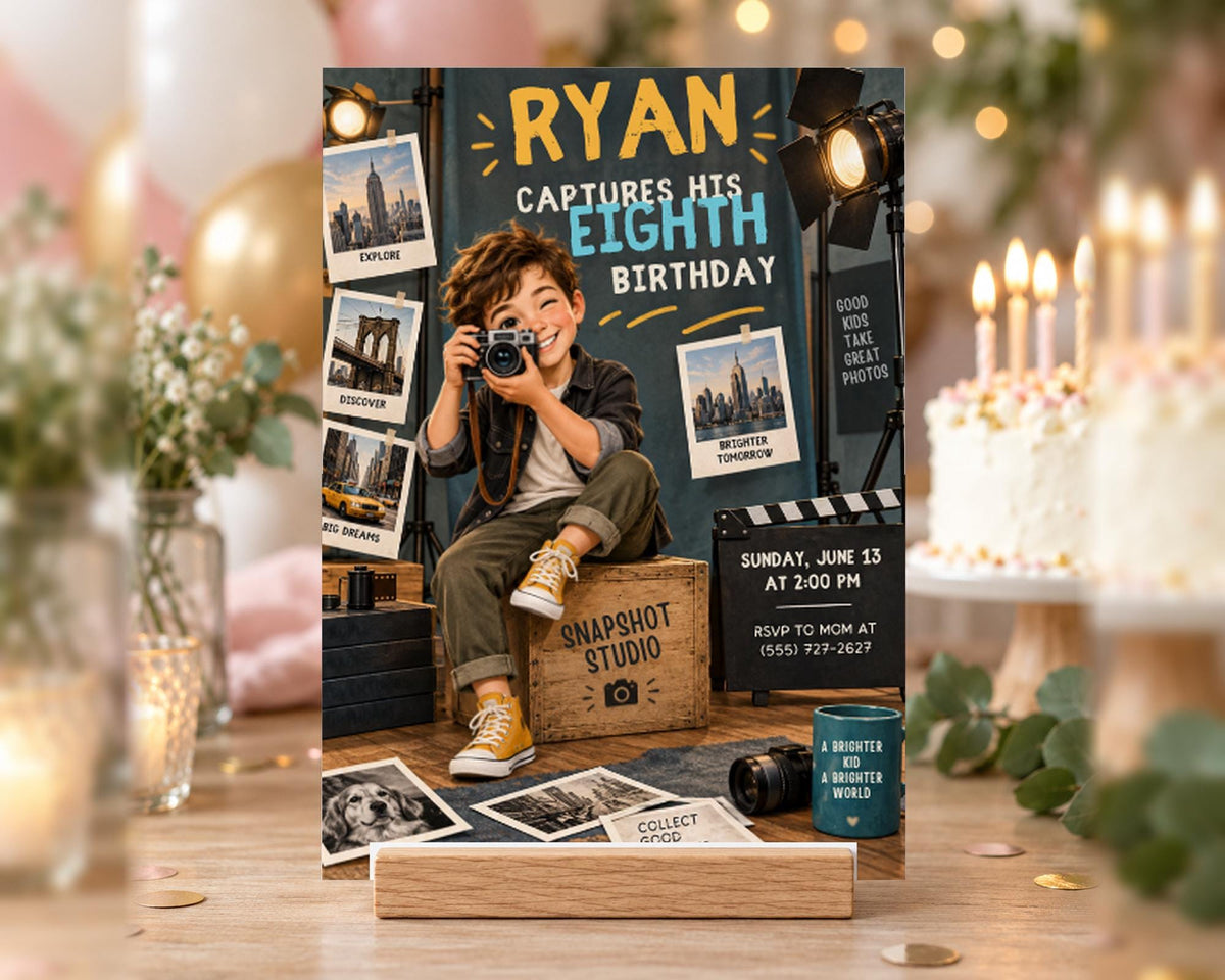 The image is a birthday party invitation featuring a young boy sitting on a box, holding a camera and surrounded by various photographs.