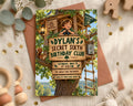 The image is a birthday invitation for a boy named Dylan, featuring a treehouse and a cartoon character.