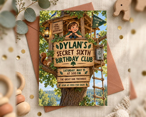 The image is a birthday invitation for a boy named Dylan, featuring a treehouse and a cartoon character.