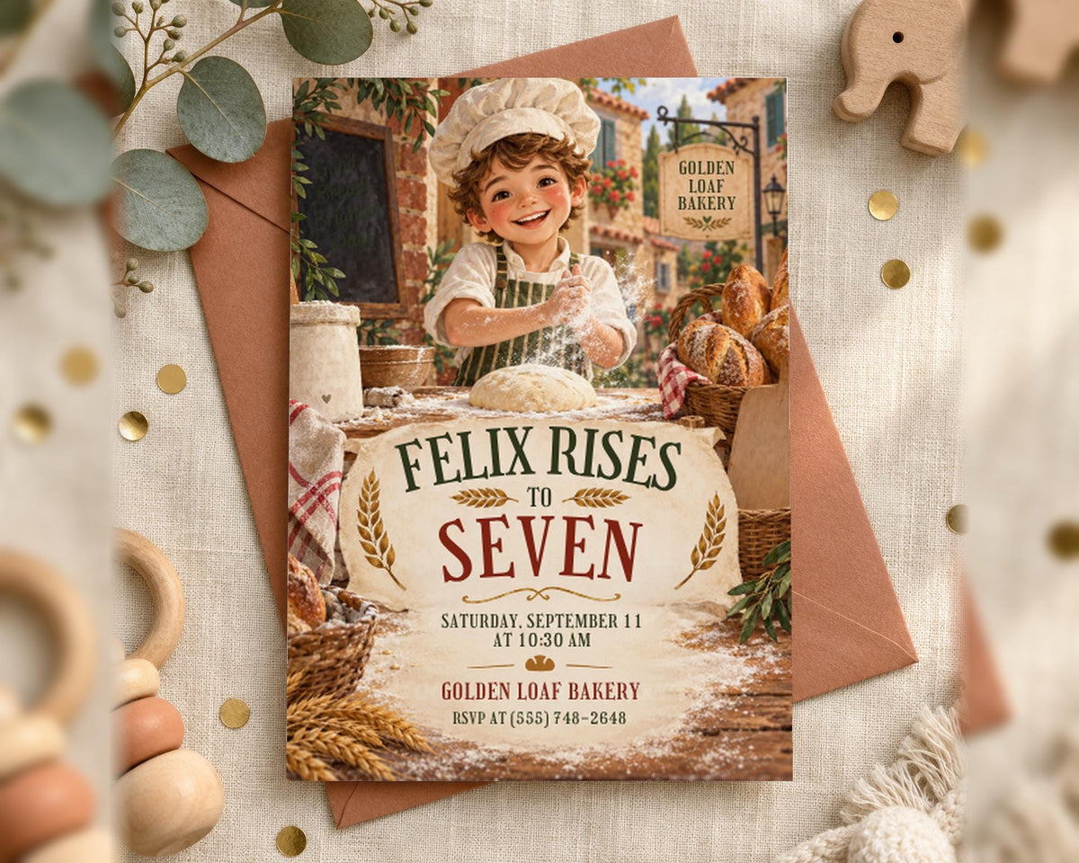 The image is a birthday invitation for a seven-year-old boy named Felix, featuring a cheerful illustration of a young boy in a chef's hat and a bakery setting.