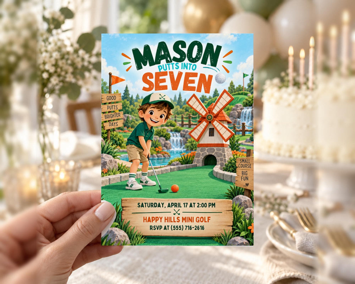 The image is a birthday invitation for Mason, who is turning seven years old. The invitation features a cartoon image of a young boy playing golf on a miniature golf course, surrounded by a festive atmosphere with a cake and balloons.