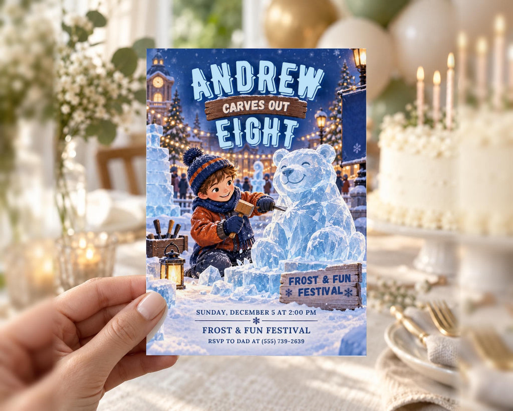 A person is holding a card with an illustration of a child carving a snowman and a sign that says "Andrew Carves Eight" and "Frost & Fun Festival".