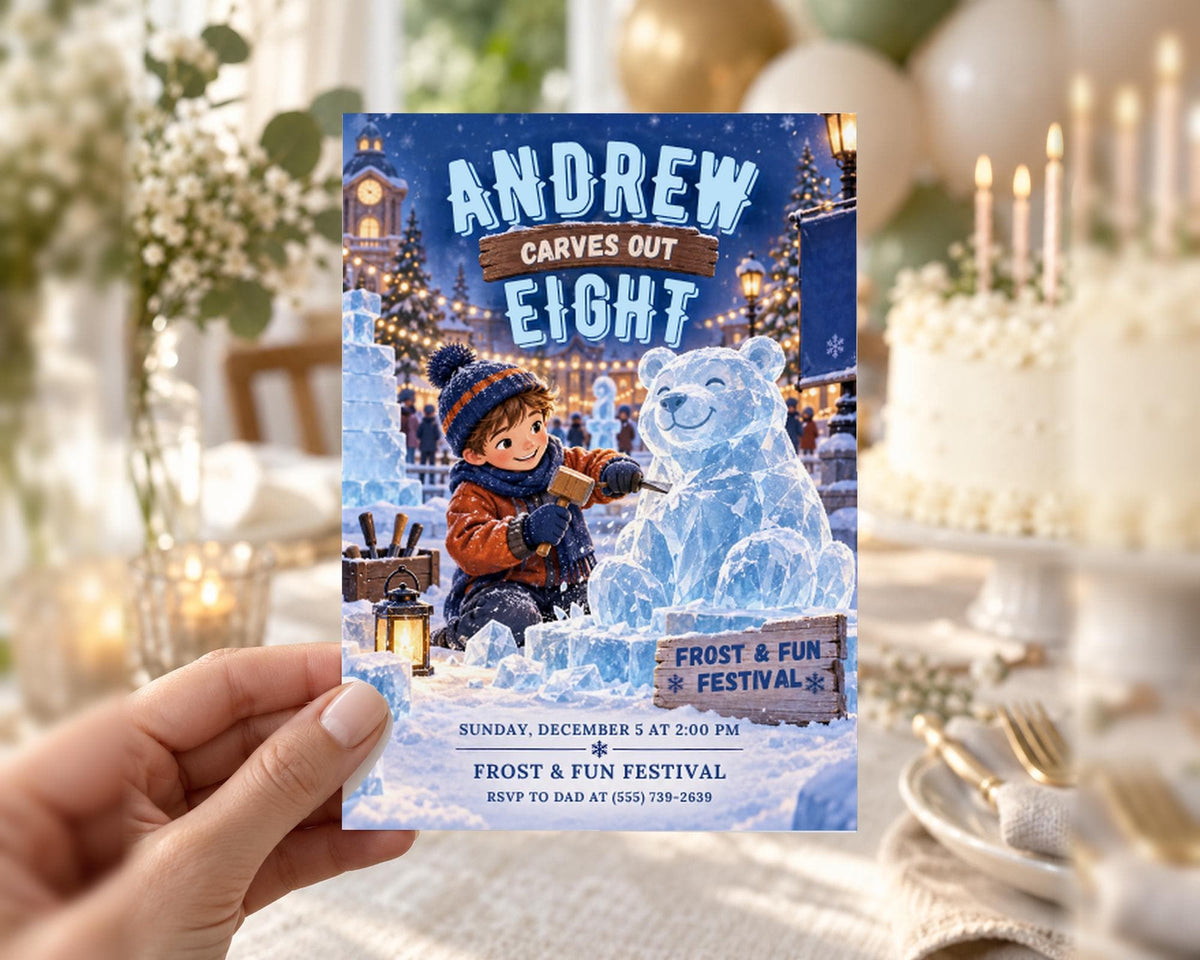 A person is holding a card with an illustration of a child carving a snowman and a sign that says "Andrew Carves Eight" and "Frost & Fun Festival".